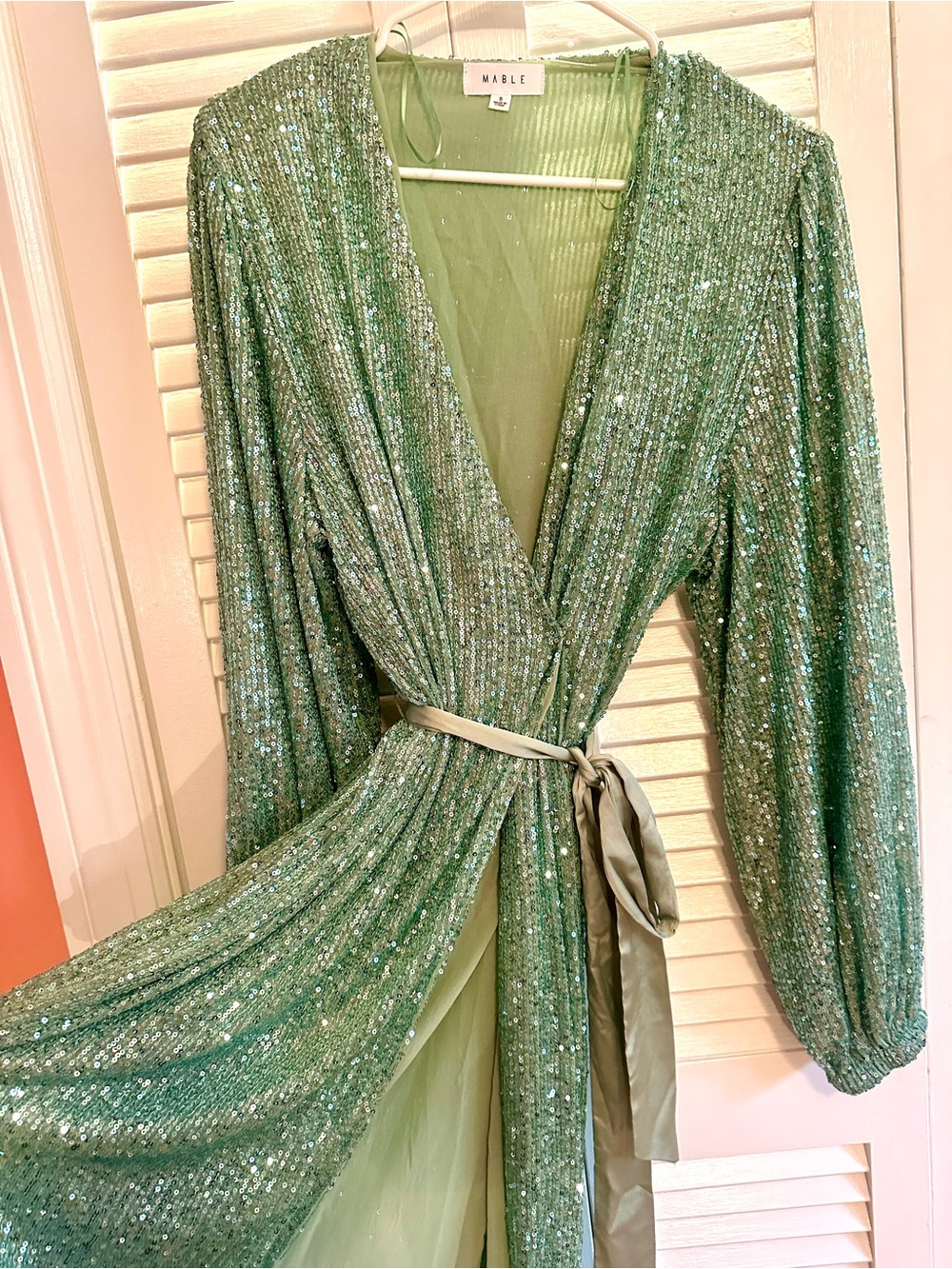 MABLE Midi-Length Sequin Wrap Dress in Aqua Green